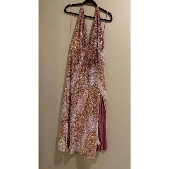Free People Glitter Gold Pink Sequin Plunging V Neck Midi Dress Large L NWT - Picture 5 of 7